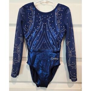Quatro Gymnastics Leotard Girls CME Blue Metallic Rhinestone Long Sleeve Mesh